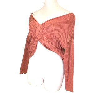 Chunky Knit Twist Front Off Shoulder Sweater Top